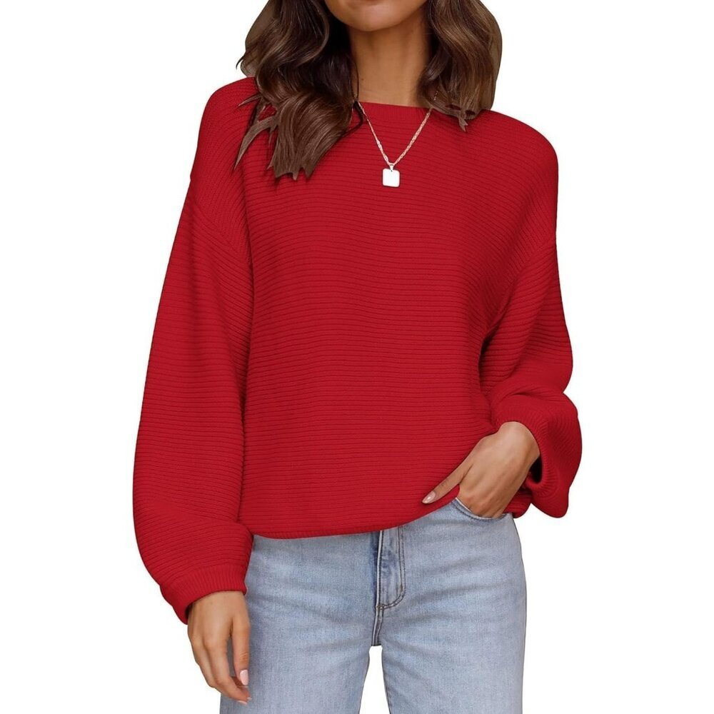 Women's Pullover Sweater Tops Dark Red Crew Neck Long Sleeve Casual Loose Knit